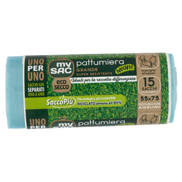 my Sac eco secco Uno per Uno pattumiera Grande 55x75 Profumazione Agrumi Sacchi Trasparenti 15 pz