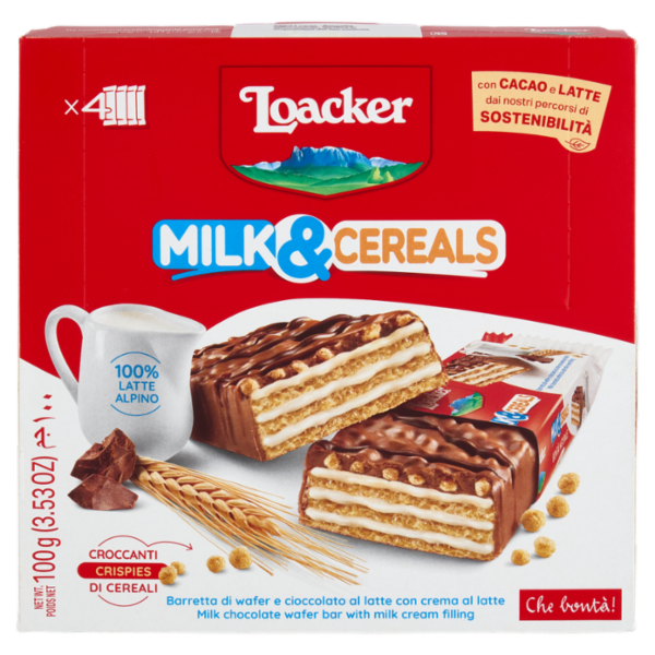 Loacker Milk & Cereals Barrette di Wafer e Cioccolato al Latte con crema al Latte 25gx4