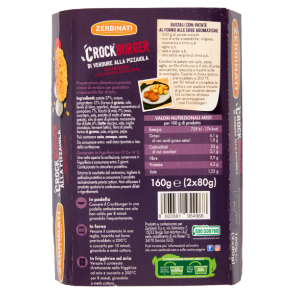 Zerbinati CrockBurger di Verdure alla Pizzaiola con Pomodoro e Mozzarella Fior di Latte 2 x 80 g