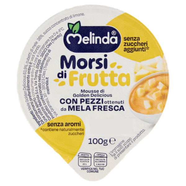Melinda Morsi di Frutta Mousse di Golden Delicious con Pezzi ottenuti da Mela Fresca 100 g