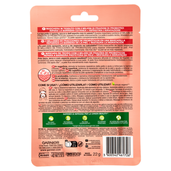 Garnier SkinActive, Maschera in Tessuto Riparatrice Arricchita con Probiotici, 22 g
