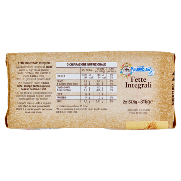 Mulino Bianco Fette Biscottate Integrali Ricche di Fibre 315g