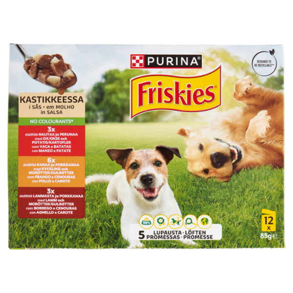 PURINA FRISKIES In Salsa Con Manzo e Patate, Pollo e Carote, Agnello e Carote 12 x 85 g