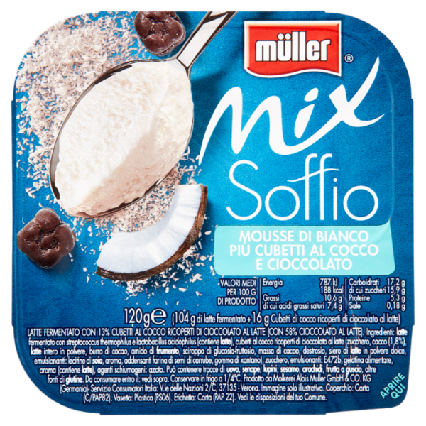 müller Mix Soffio Mousse di Bianco Più Cubetti al Cocco e Cioccolato 120 g
