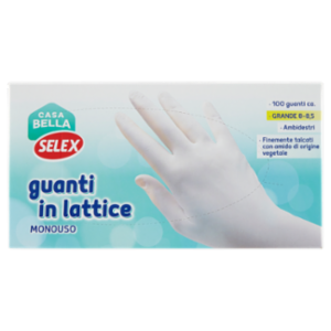 Selex Casa Bella Guanti Monouso In Lattice Naturale Misura Grande (8-8,5) Dispenser 100 Pezzi