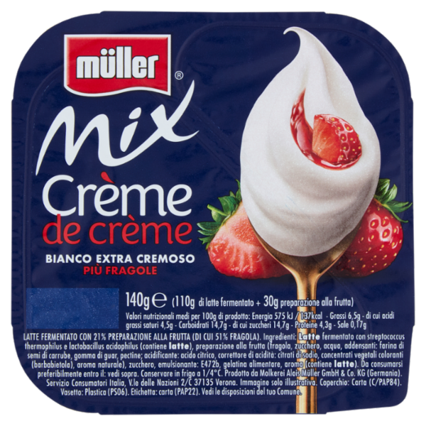 müller Mix Crème de crème Bianco Extra Cremoso Più Fragole 140 g