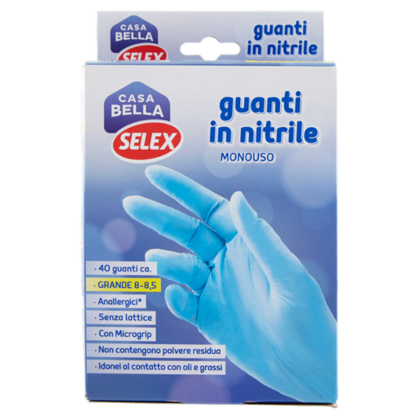 Selex Casa Bella Guanti Monouso in Nitrile Misura Grande (8-8,5) Dispenser 40 pezzi