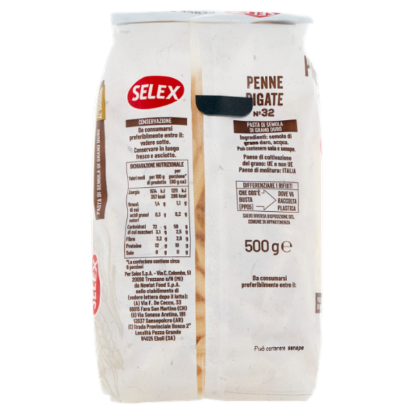 Selex Pasta di Semola Trafilata al Bronzo Penne Rigate 500 g