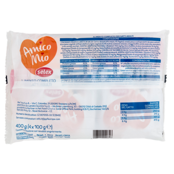 Selex Amico Mio Gatto Bocconcini in Salsa 2 Manzo, Fegato e Carote e 2 Pollo e Tacchino 4x100 g