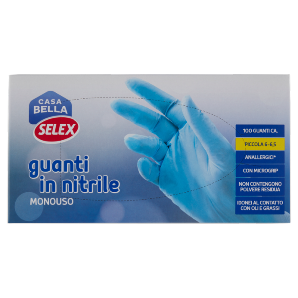 Selex Casa Bella Guanti Monouso in Nitrile Misura Piccola (6-6,5) Dispenser 100 pezzi