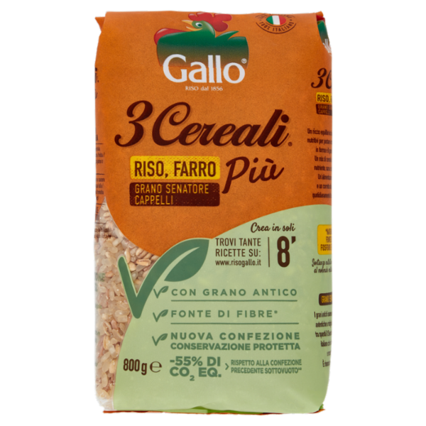 Gallo 3 Cereali Riso, Farro Più Grano Senatore Cappelli 800 g