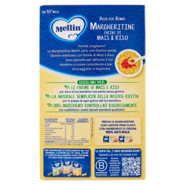 MELLIN Margheritine con Farine di Mais e Riso, Pasta per Bimbi, dal 10° mese, 280g