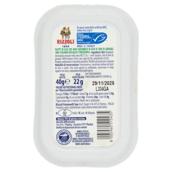 Rizzoli Filetti di Alici del Mar Cantabrico Olio 100% Italiano Prezzemolo 40 g