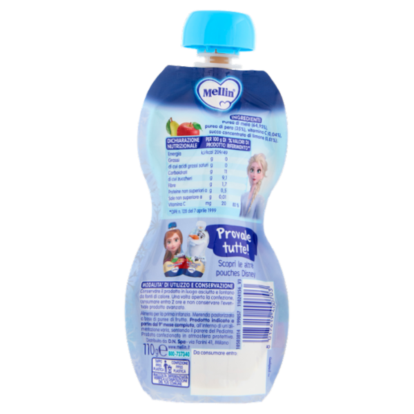MELLIN Disney Frozen Elsa Merenda di Frutta 100% con VitC, Mela e Pera, dal 9° mese, 110g