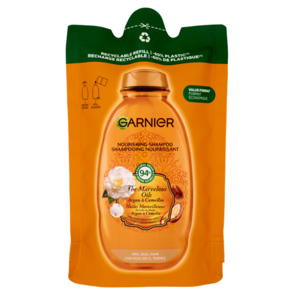 Garnier Ultra Oli Meravigliosi Argan & Camelia, Eco-ricarica Shampoo Nutriente Capelli Secchi, 250ml