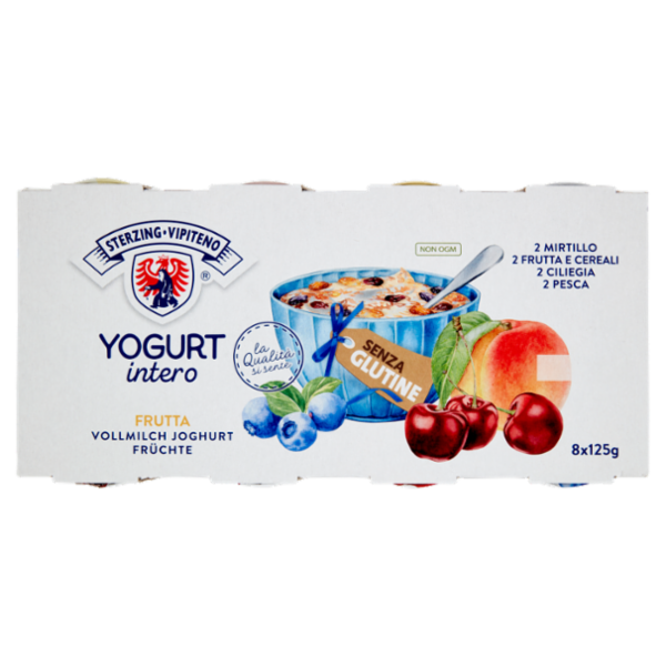 Sterzing Vipiteno Yogurt intero Frutta 2 Mirtillo, 2 Frutta e Cereali, 2 Ciliegia, 2 Pesca 8 x 125 g