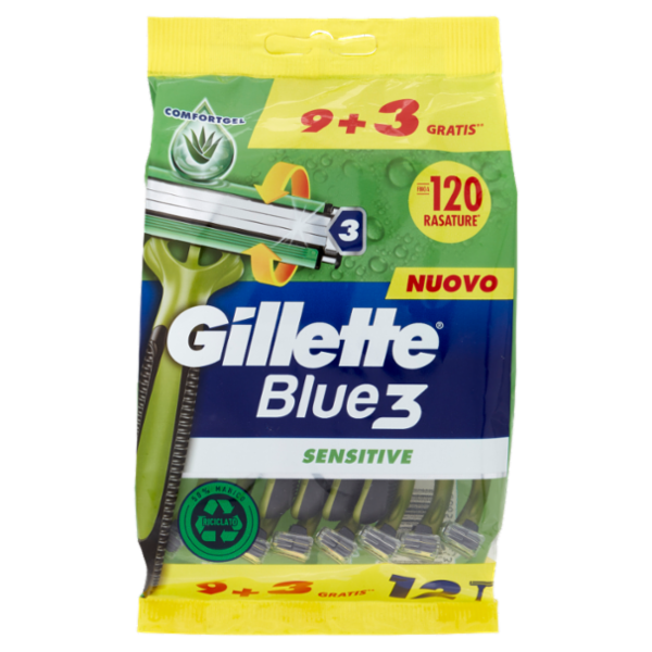Gillette Rasoio Uomo Blue3 Sensitive Usa e Getta a 3 Lame, Confezione da 9 rasoi+3 Gratis = 12 Rasoi