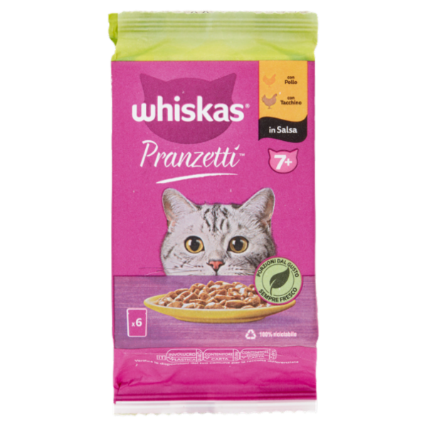 Whiskas Pranzetti con Pollo, con Tacchino in Salsa 7+ 6 x 50 g