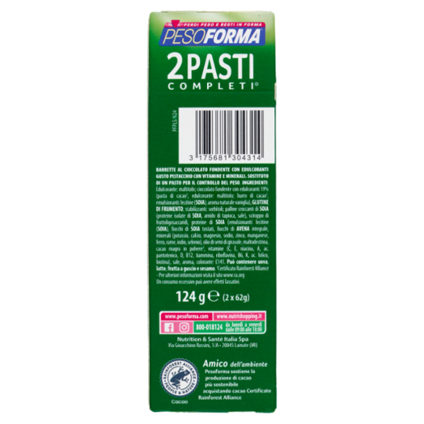 Pesoforma Barrette 2 Pasti Low Sugar Fondente Pistacchio High Protein basso impatto glicemico 2x62g