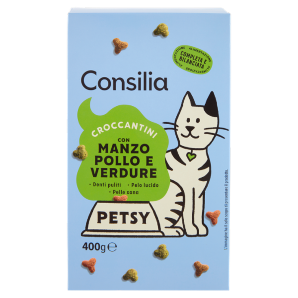 Consilia Petsy Gatto Croccantini con Manzo, Pollo e Verdure 400 g