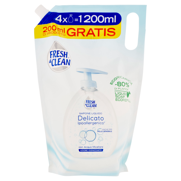 Fresh & Clean Detergente Mani-Viso Ipoallergenico Pelle Sensibile Acqua Micellare ecoRicarica 1200ml