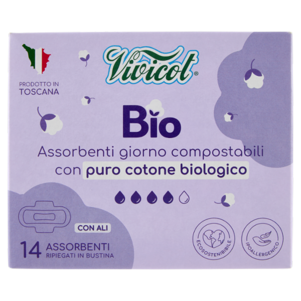Vivicot Bio Assorbenti giorno compostabili con Ali Ripiegati in Bustina 14 pz