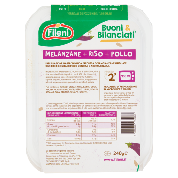 Fileni Buoni & Bilanciati* Melanzane, Riso e Fagioli, Pollo 240 g