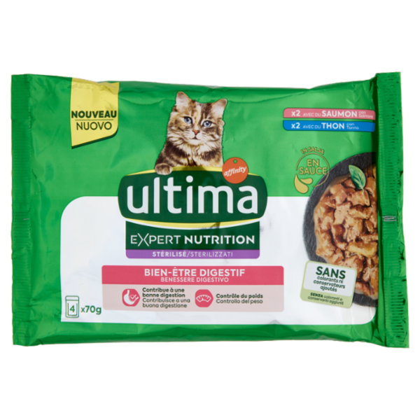 ultima Expert Nutrition Cat Sterilizzati Benessere Digestivo con Salmone, con Tonno in Salsa 4 x 70g