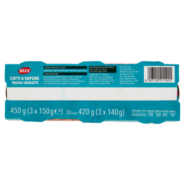 Selex Fagioli Borlotti Cotti a Vapore 3x150 g