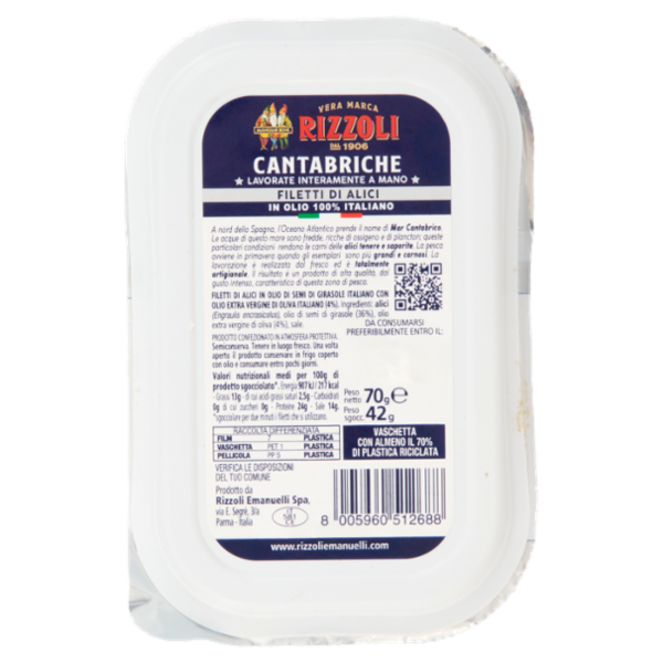 Rizzoli Filetti di Alici Cantabriche in Olio 100% Italiano 70 g