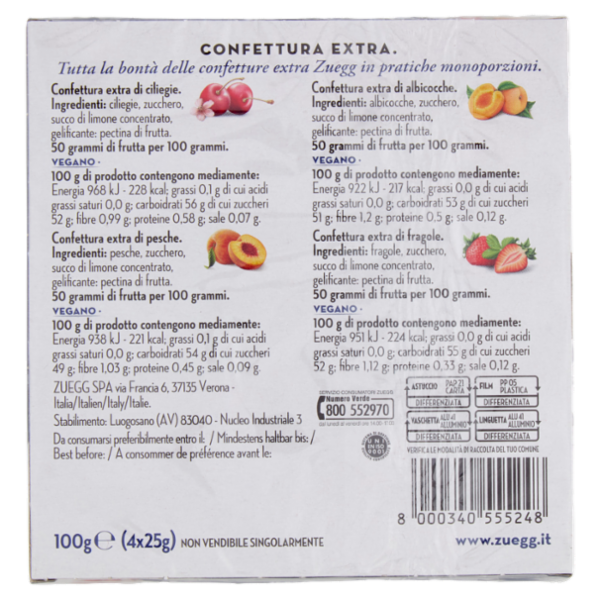 Zuegg Confettura Extra Ciliegie, Albicocche, Fragole, Pesche 4 x 25 g