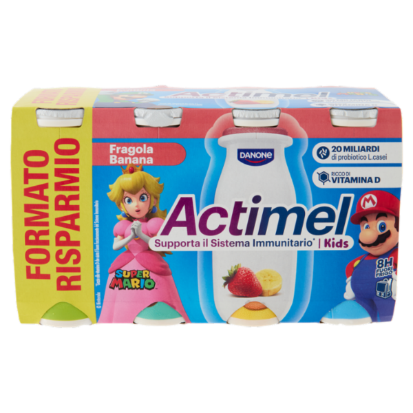 ACTIMEL SuperMario, Yogurt da Bere con Vit B6 e D per il Sistema Immunitario, fragola&banana, 8x100G