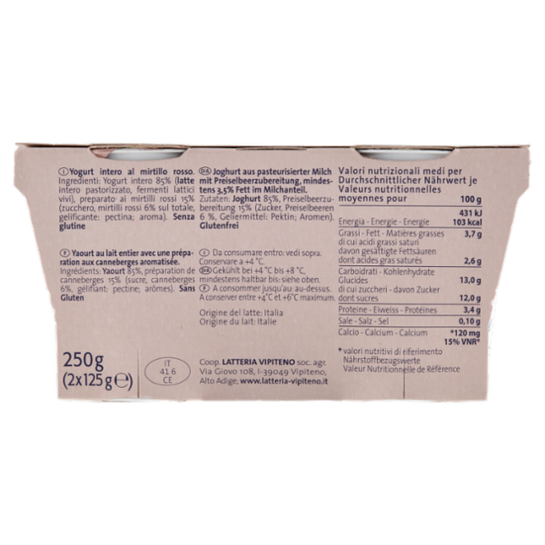 Sterzing Vipiteno Sapori di Vipiteno Yogurt al mirtillo rosso 2 x 125 g