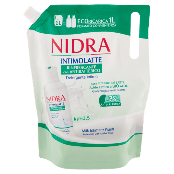 Nidra Intimolatte Rinfrescante con Antibatterico Detergente Intimo pH 3.5 Ecoricarica 1 L