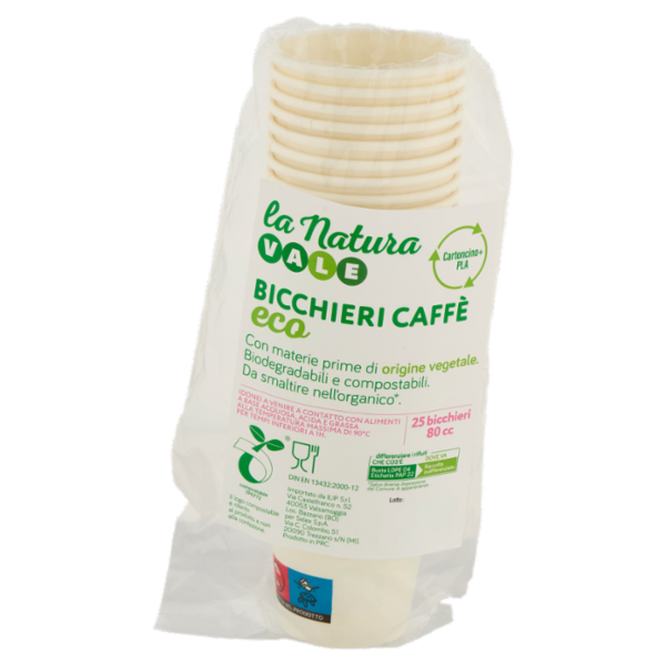 Vale La Natura Bicchieri da Caffè in Cartoncino Biodegradabili e Compostabili 80 cc 25 pezzi