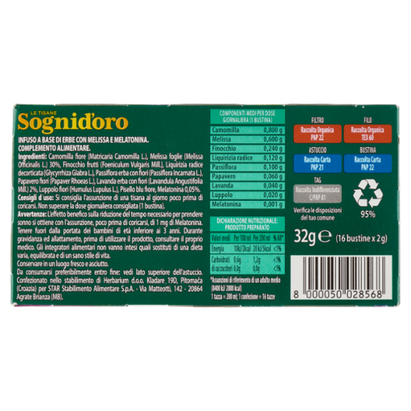 Sognid'oro le Tisane Melatonina con Melissa + 1mg di Melatonina bustine 16 x 2 g