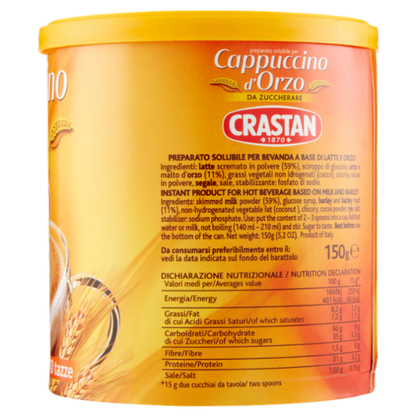Crastan preparato solubile per Cappuccino d'Orzo da Zuccherare 150 g