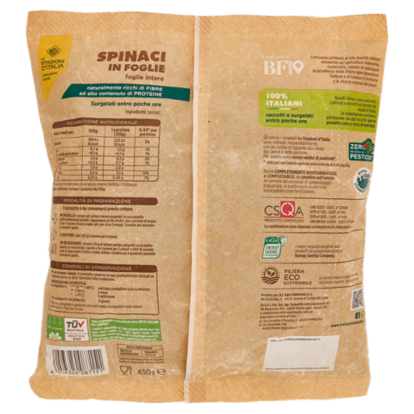 Le Stagioni d'Italia Spinaci in Foglie Surgelati 450 g