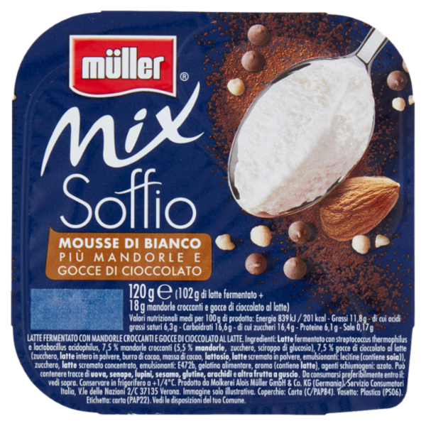 müller Mix Soffio Mousse di Bianco più Mandorle e Gocce di Cioccolato 120 g