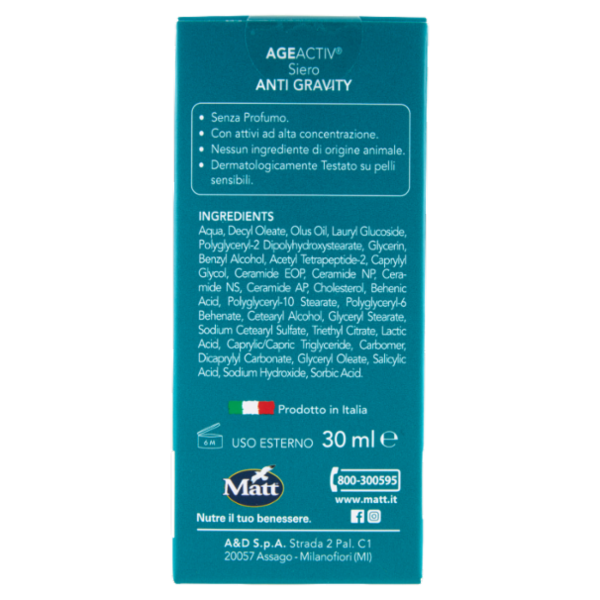 Matt Age Activ Anti Gravity Siero Viso e Collo Peptide Bioattivo Ceramidi 30 ml