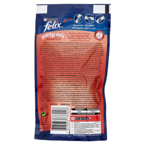 FELIX Party Mix Snacks Mixed Grill Aromatizzato con Manzo, Pollo e Salmone 60 g