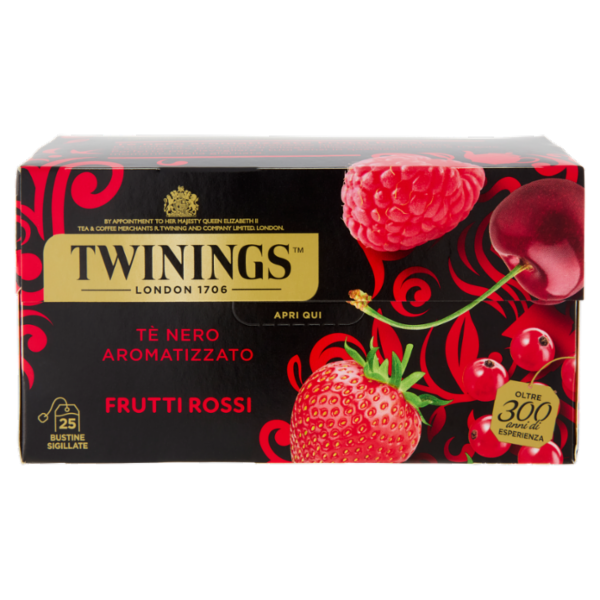 Twinings Frutti Rossi Tè Nero aromatizzato alla Fragola, Ciliegia, Ribes Lampone 25 filtri The 50 g