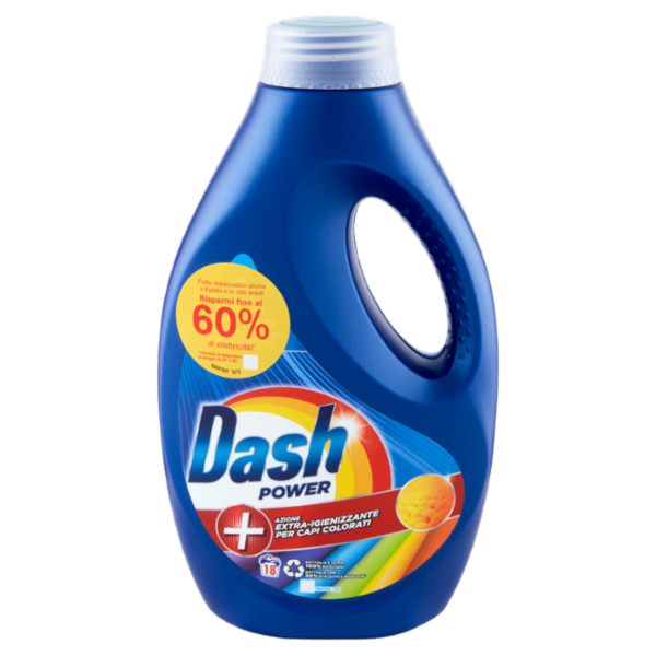 Dash Power Detersivo Liquido Lavatrice, Azione Extra-Igienizzante Capi Colorati, 18 Lavaggi 900 ml