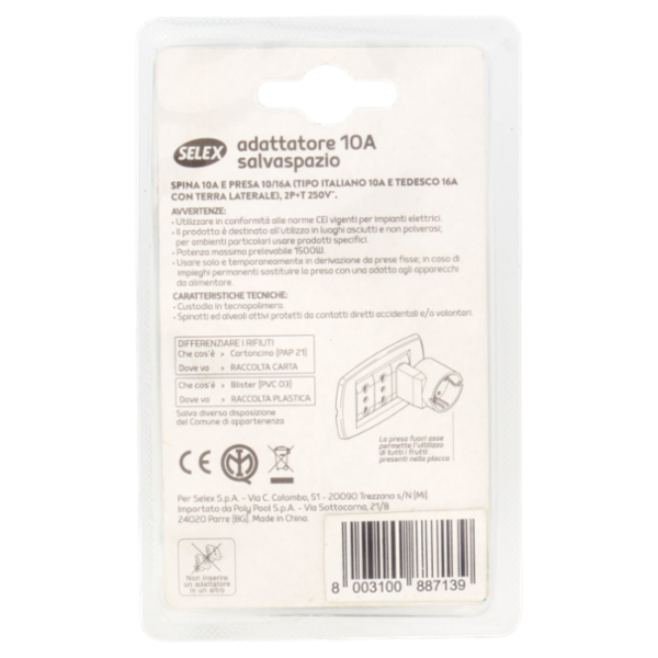 Selex Adattatore Semplice Salvaspazio Spina 10A + 1 Presa Bivalente 10-16A(Ted) Nero