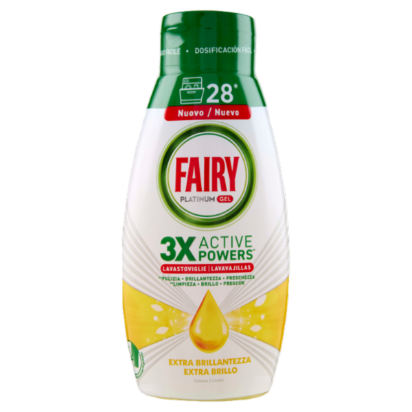 Fairy Gel Lavastoviglie Platinum Extra Brillantezza, Detersivo Piatti Limone 28 Lavaggi 504ml