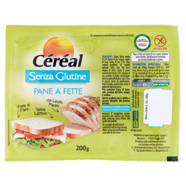 Céréal Senza Glutine Pane a Fette, Senza Lattosio, Pane Gluten Free, con Lievito Madre - 200 g