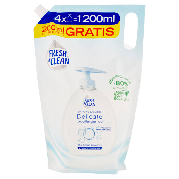 Fresh & Clean Detergente Mani-Viso Ipoallergenico Pelle Sensibile Acqua Micellare ecoRicarica 1200ml