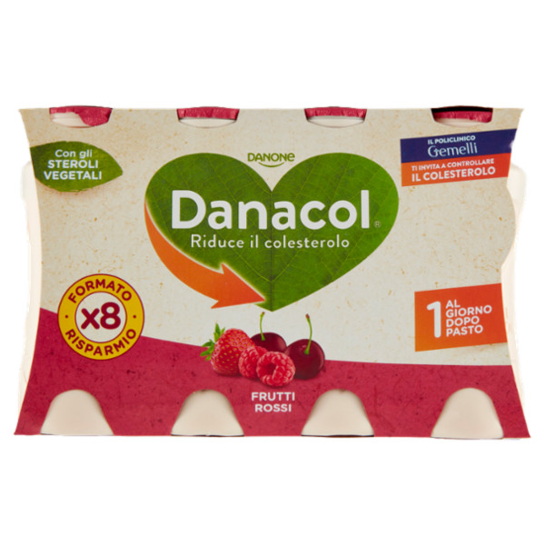 DANACOL Yogurt da bere, Riduce il Colesterolo grazie agli Steroli Vegetali, Frutti Rossi, 8x100g