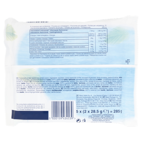 Bounty Snack al cioccolato con ripieno di cocco 5 x (2 x 28,5 g)