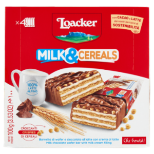 Loacker Milk & Cereals Barrette Di Wafer e Cioccolato Al Latte Con Crema Al Latte 25gx4